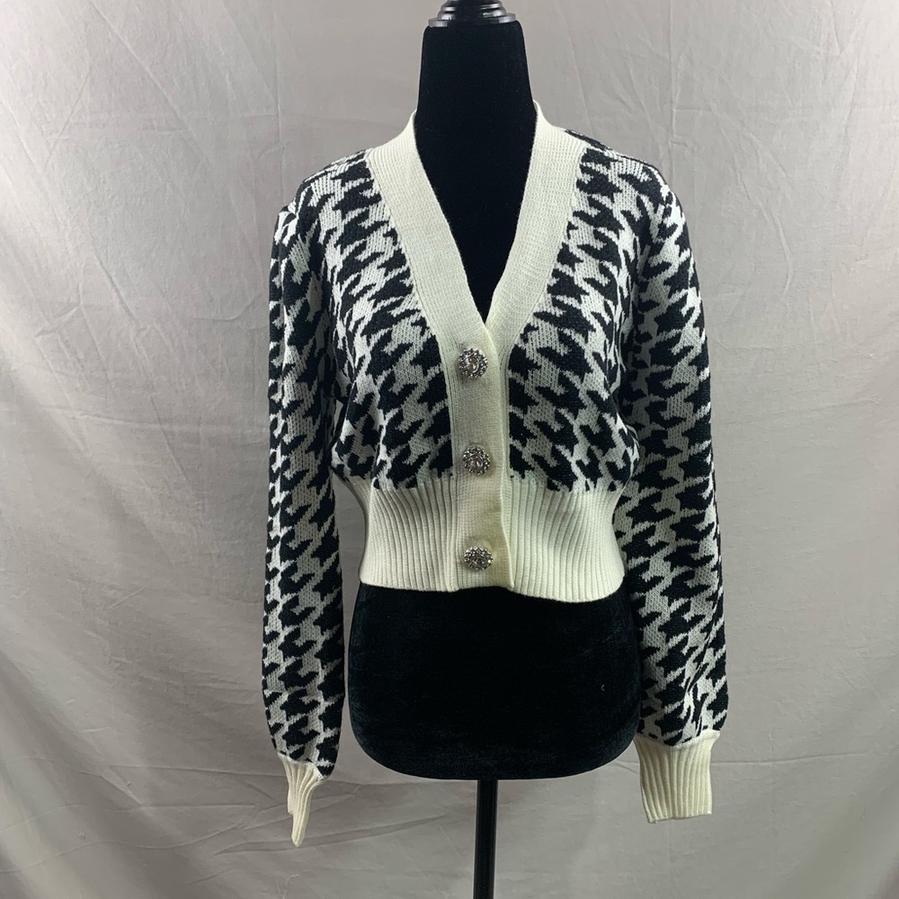 Houndstooth Lantern Sleeve Cardigan Black/White - Picture 6 of 9